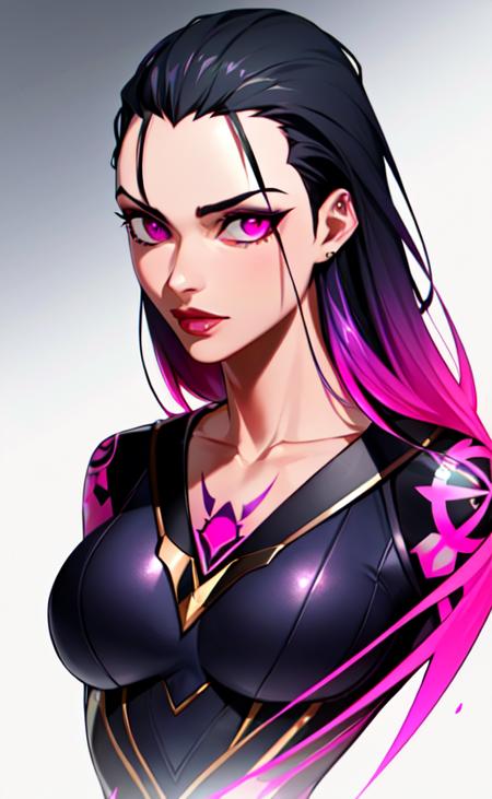 07207-3881807228-1girl,upper_body,lips, forehead, collarbone, pink eyes, tattoo, body_suit, sharp eyes,gradient hair, black hair, purple hair.png